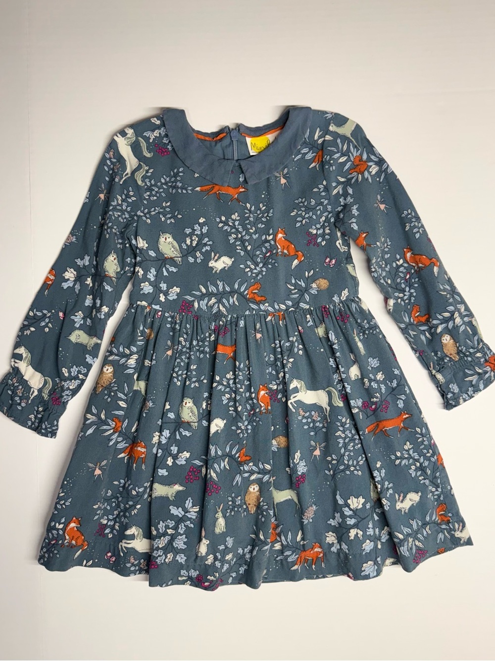 Mini Boden Whimsical Woodland Blue Long Sleeve Dress Girls 4-5Y Peter Pan Collar